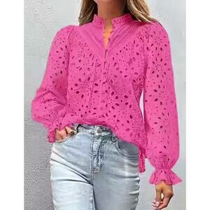 Pretty Garden Top Womens XXL Pink Long Sleeve Eyelet Romantic Button Accent New